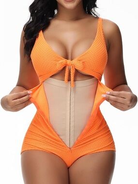 Orange Textured Tummy Control One-Piece Swim Set with Tie Front